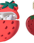 Strawberry and seed detail close-up on AirTag® and AirPods charm bundle