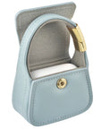 Blue leather mini purse charm open showing interior and snap closure