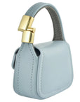 Blue leather mini purse charm magnetic closure and side stitching detail