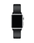 Black silicone Apple Watch® band close-up, detail view of molded texture and pin closure holes