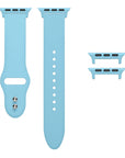 Retro Blue silicone Apple Watch® band unclasped, flat-lay view showing pin-and-tuck closure and size adapters