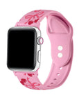 Smartwatch with a pink floral-patterned band on a white background