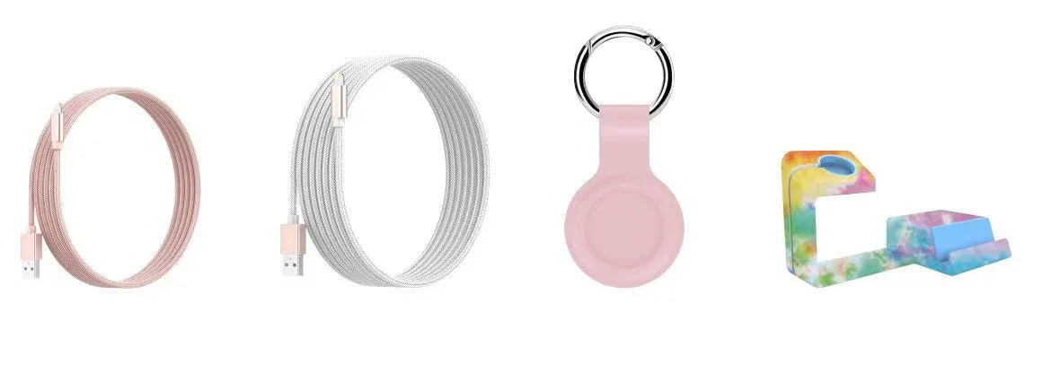 A set of tech accessories including a pink charging cable, a white data cable, a pink airPods case, and a multicolored phone stand.