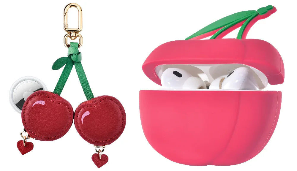 Cherry and fruit detail close-up on AirTag® and AirPods charm bundle