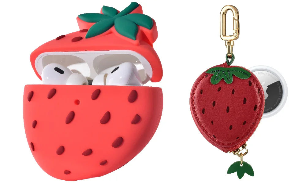 Strawberry and seed detail close-up on AirTag® and AirPods charm bundle