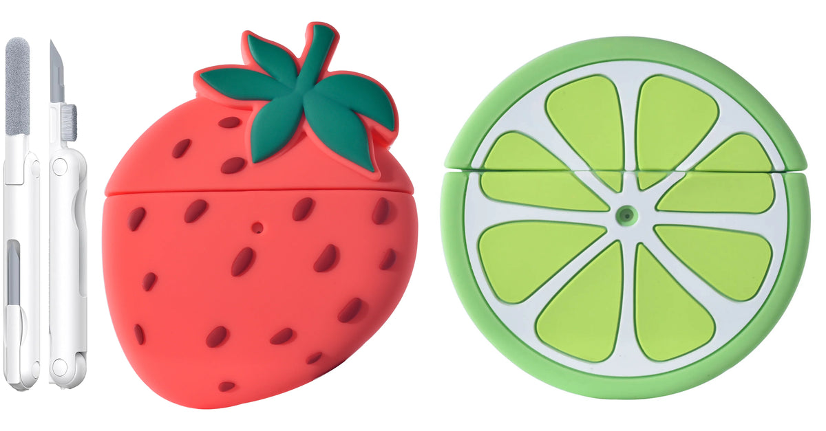 Two fruit silicone AirPods Pro cases and cleaning tool set on white background with seed and front detail