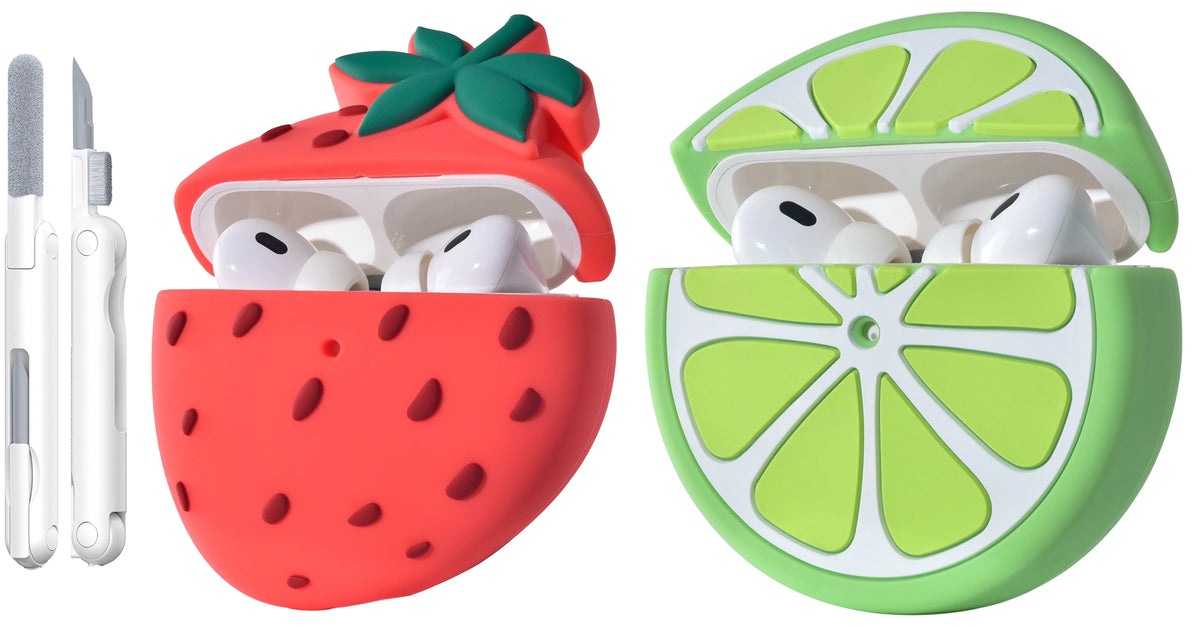 Two fruit silicone AirPods Pro cases and cleaning tool set on white background