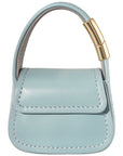 Blue leather mini purse charm closed with textured leather finish detail