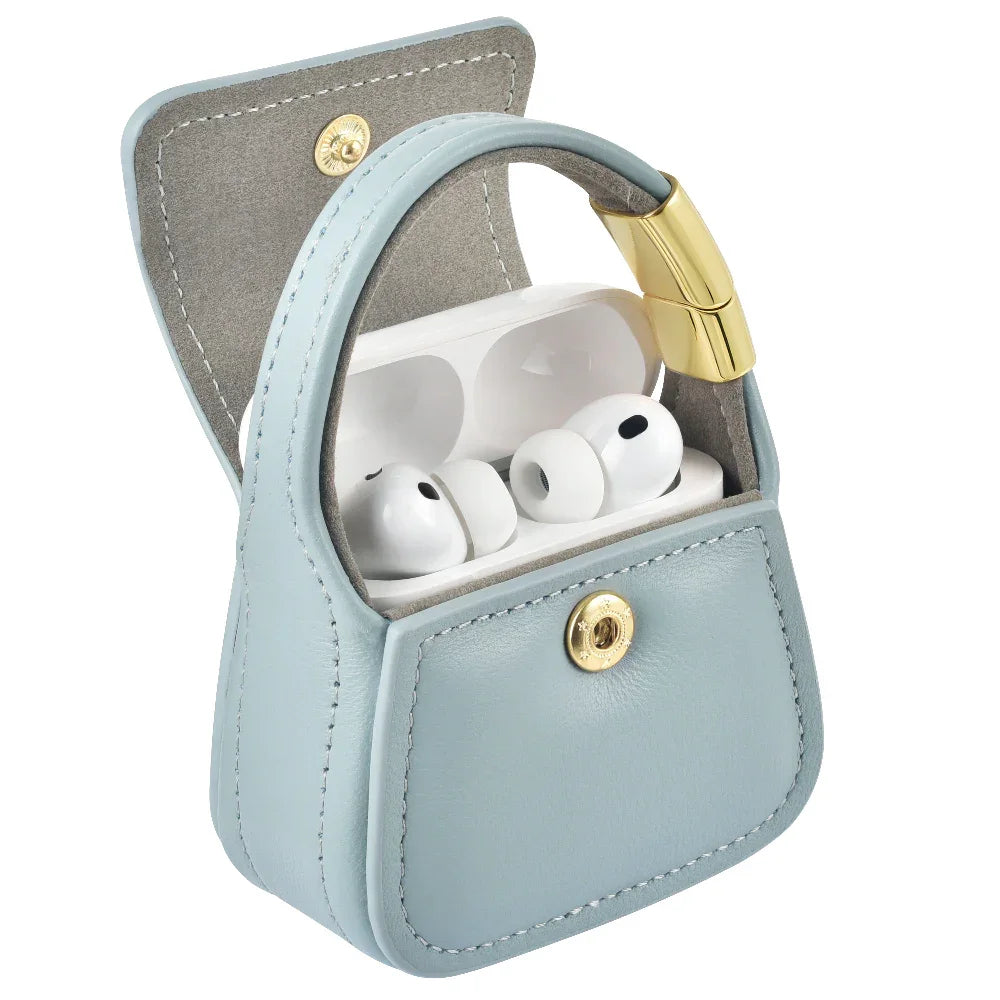Blue leather mini purse charm for AirPods and wired headphones