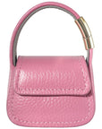 Pink leather mini purse charm closed with textured leather finish detail