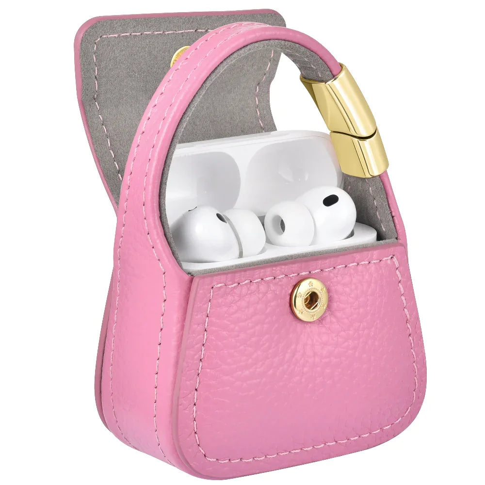 Posh Tech pink leather mini purse charm for AirPods and wired headphones