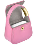 Pink leather mini purse charm open showing interior and snap closure