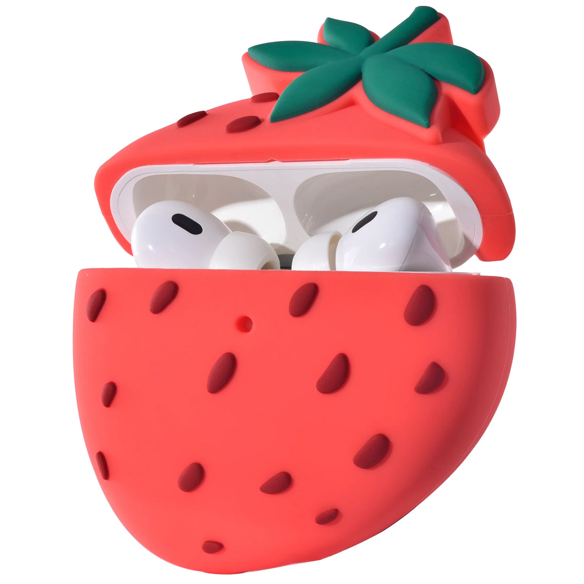 Strawberry-shaped airpod case with white AirPods® inside on a white background