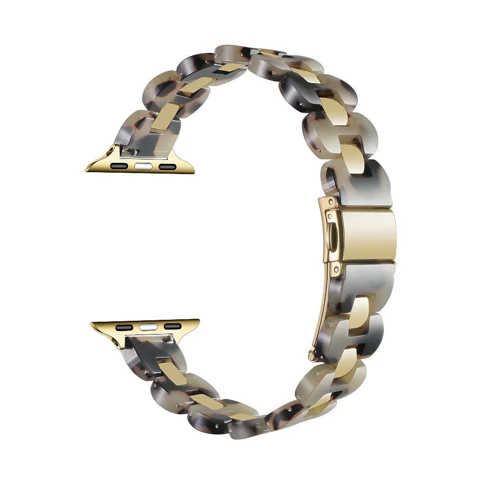 Aria Light Natural Tortoise Resin Apple Watch® Band Close-Up of Polished Links and Closure