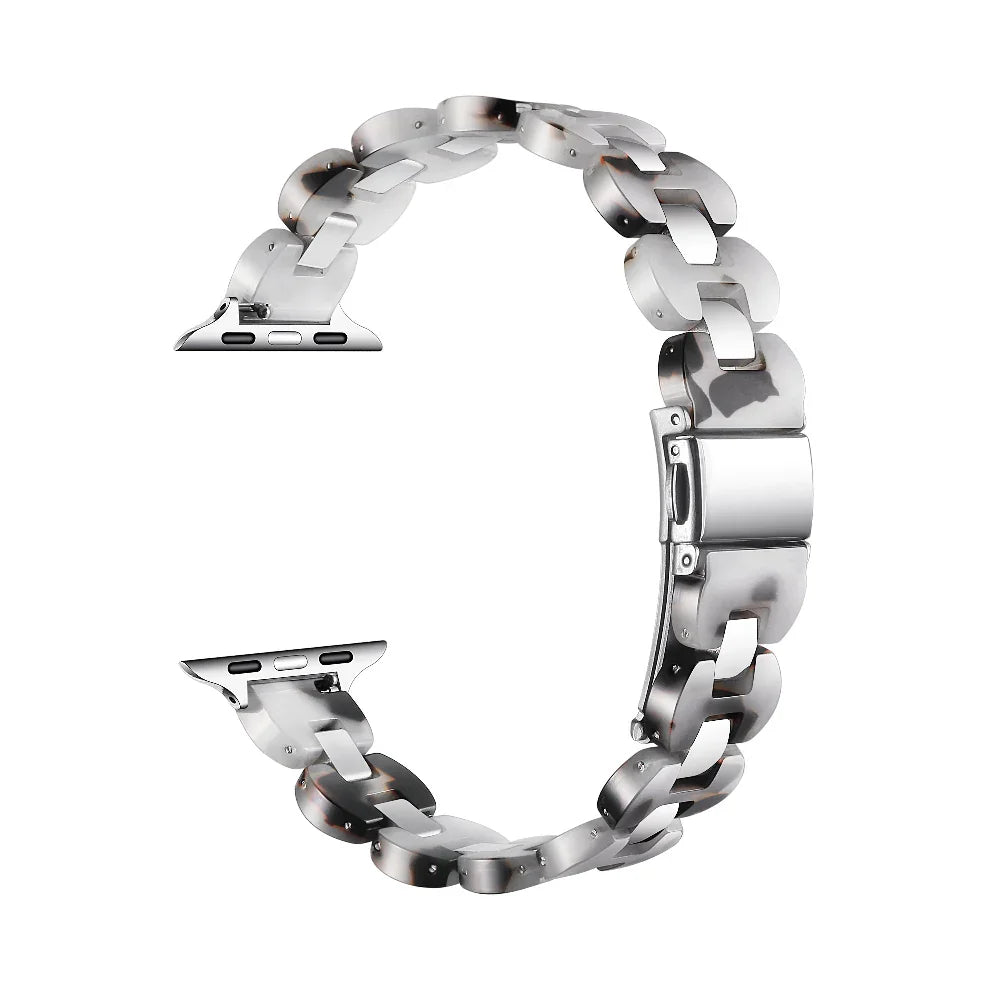 Aria Silver Tortoise Resin Apple Watch® Band Close-Up of Polished Links and Closure