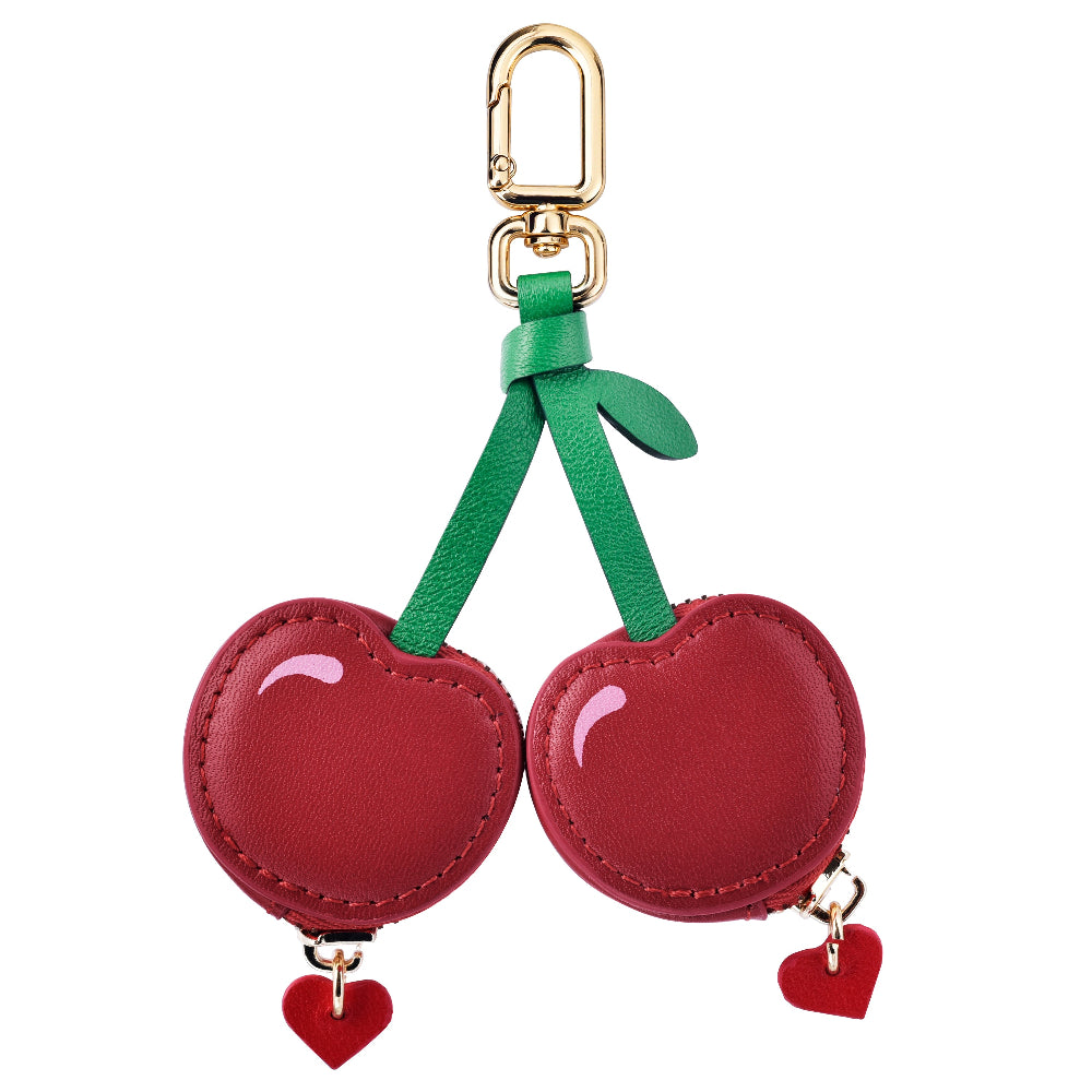 Back view of Cherry leather AirTag bag charm with heart-shaped zipper pulls by Posh Tech