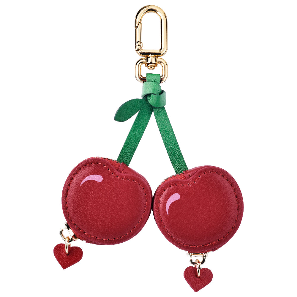 Posh Tech Cherry leather bag charm for AirTag with glossy red cherries and gold clasp
