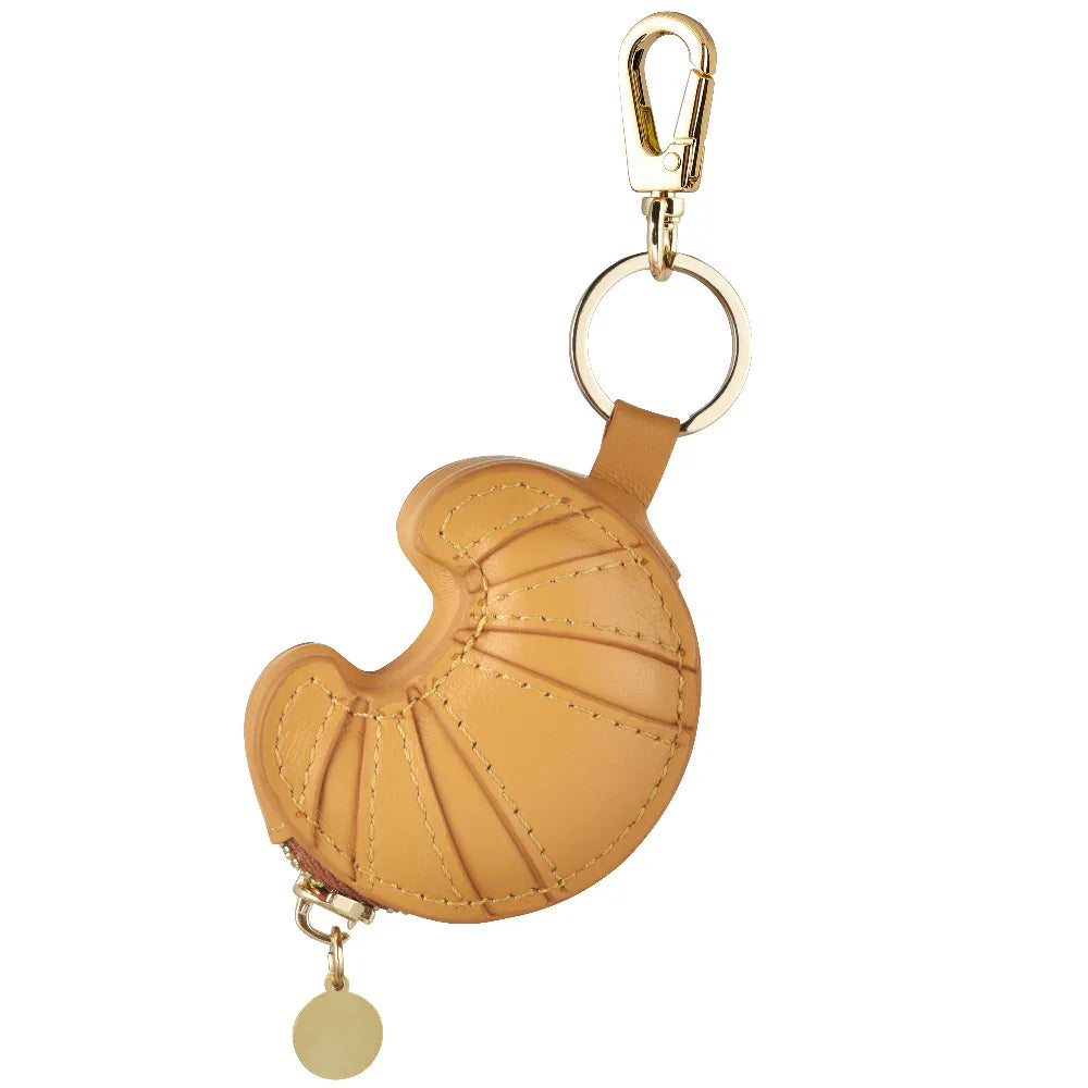 Gold Clasp and Stitching Detail on Croissant Leather AirTag® Charm
