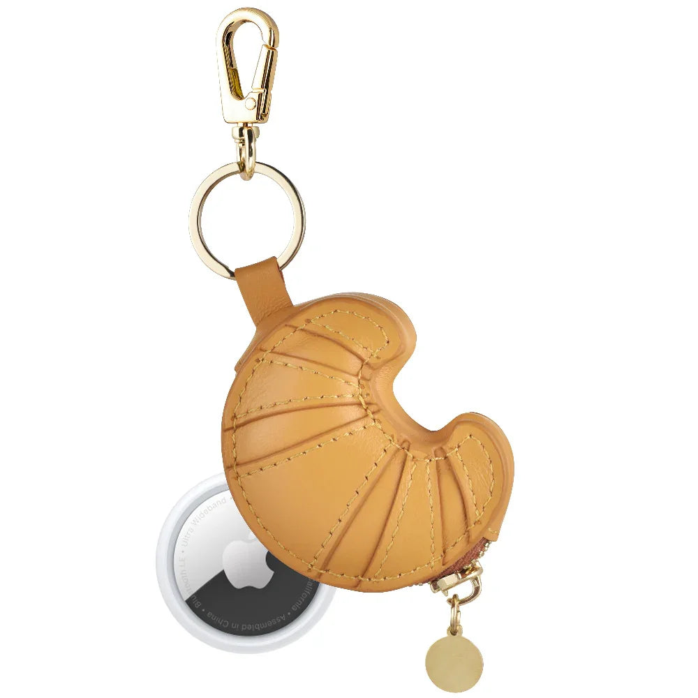 Croissant Leather AirTag® Bag Charm with Gold Clasp by Posh Tech