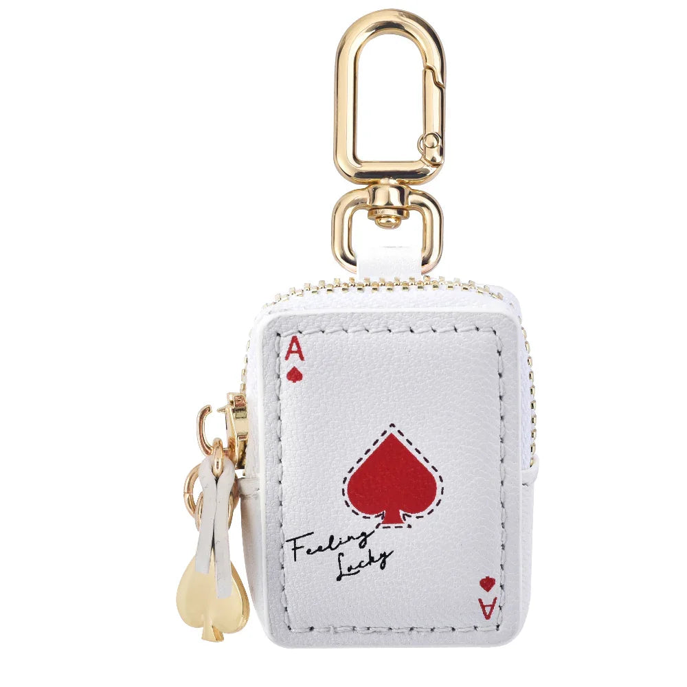 Feeling Lucky Leather Bag Charm for AirTag® Front View with Zipper Detail and Gold Clasp