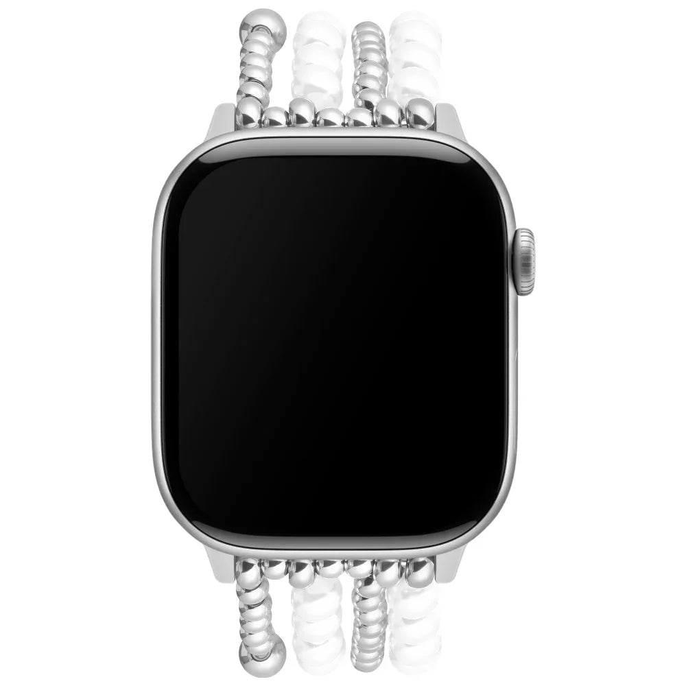 Silver Beaded Stretch Apple Watch® Band on Wrist by Posh Tech