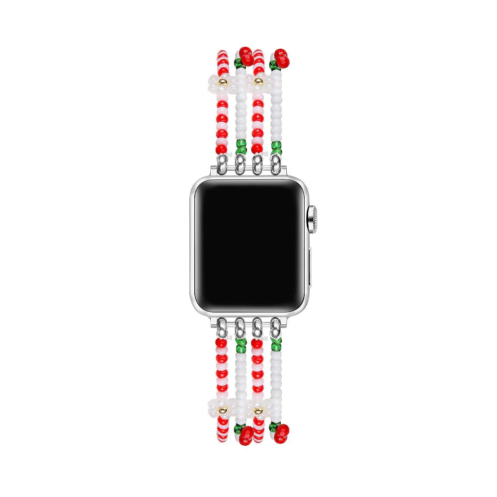 Cherry Beaded Stretch Apple Watch® Band Close-Up on Wrist by Posh Tech