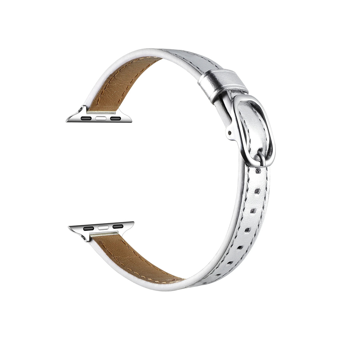 Carmen Skinny Leather Apple Watch® Strap Silver Close-Up of Stitching 
