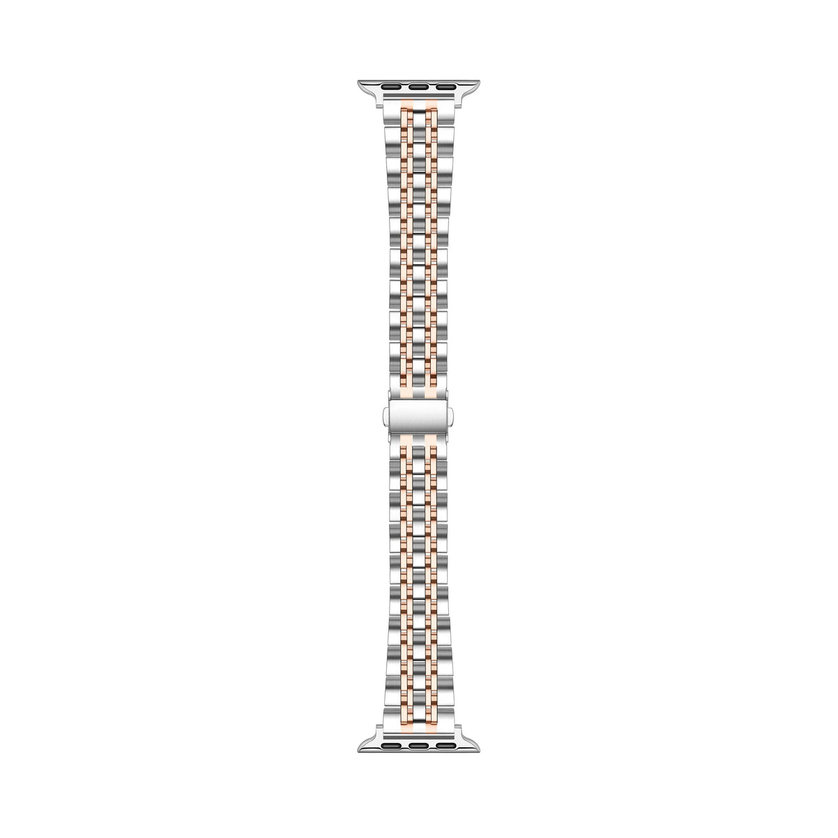 Wide Rose Gold and Silver Two-Tone Metal Apple Watch® Band Close-Up of Brushed Links