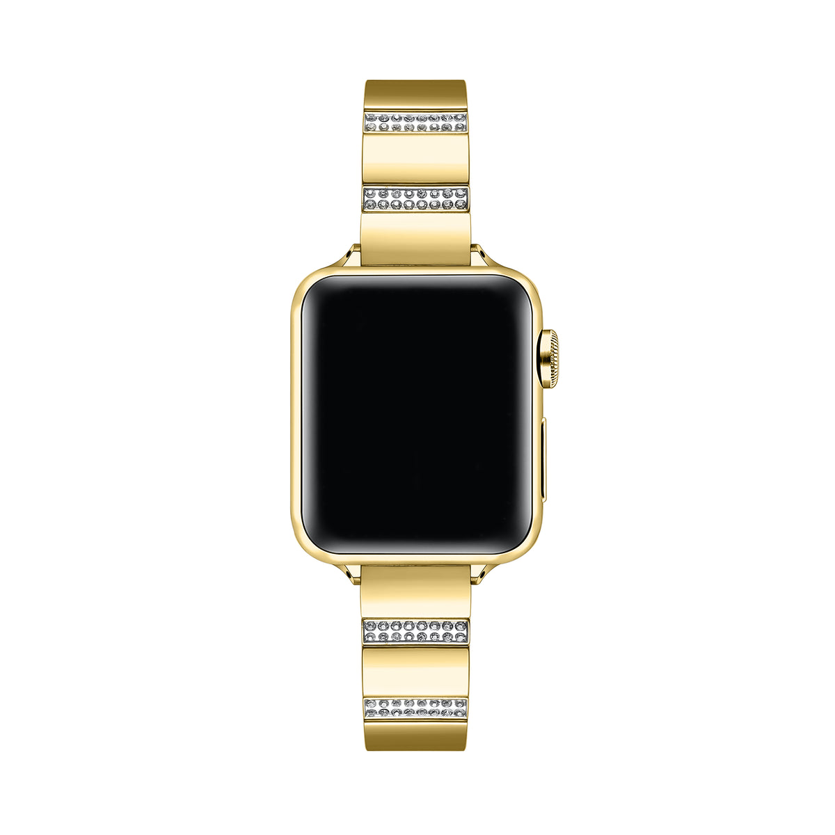 Gold rhinestone stainless steel Apple Watch® band fastened on the watch case, alternate angle
