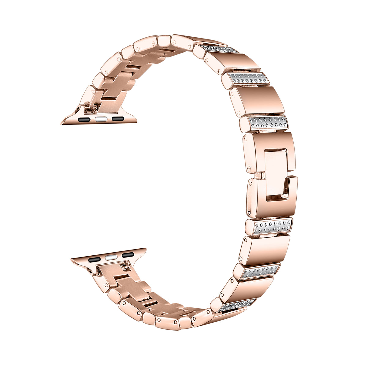 Rose Gold rhinestone stainless steel Apple Watch® band unclasped, flat-lay view of the link bracelet