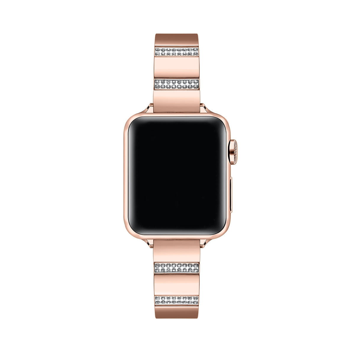 Rose Gold rhinestone stainless steel Apple Watch® band fastened on the watch case, alternate angle