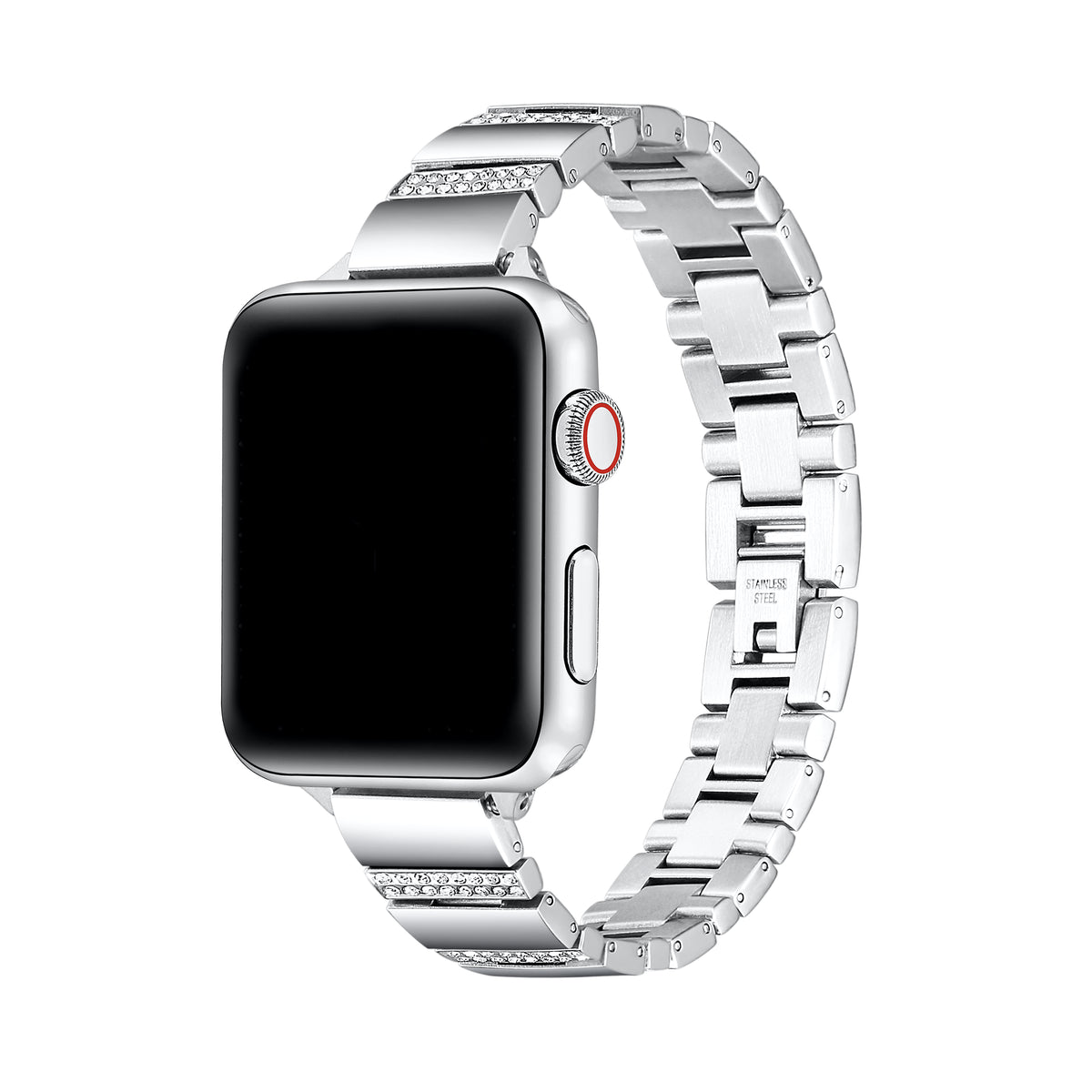 Silver rhinestone stainless steel Apple Watch® band fastened on the watch case, front view