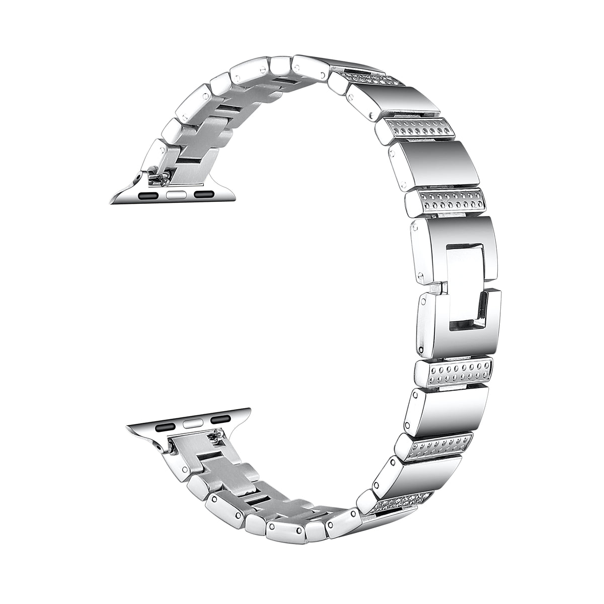 Silver rhinestone stainless steel Apple Watch® band unclasped, flat-lay view of the link bracelet