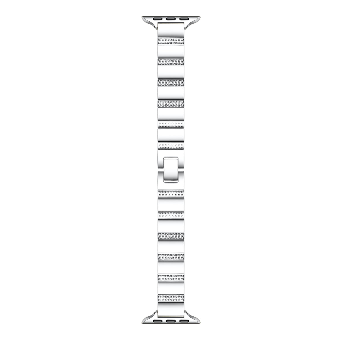 Silver rhinestone stainless steel Apple Watch® band close-up, detail view of the rhinestone-set links