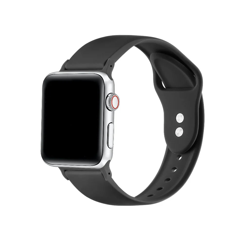 Black silicone Apple Watch® band fastened on the watch case, front view