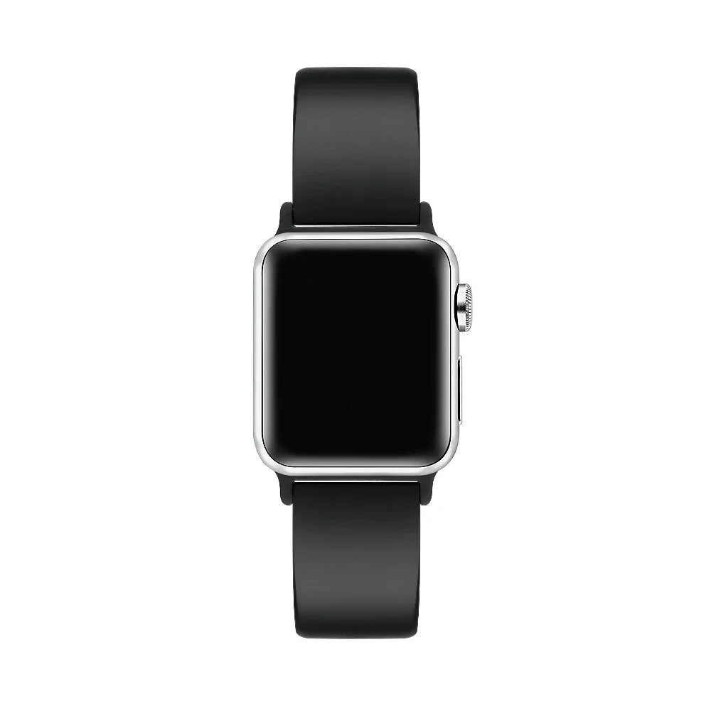Black silicone Apple Watch® band close-up, detail view of molded texture and pin closure holes