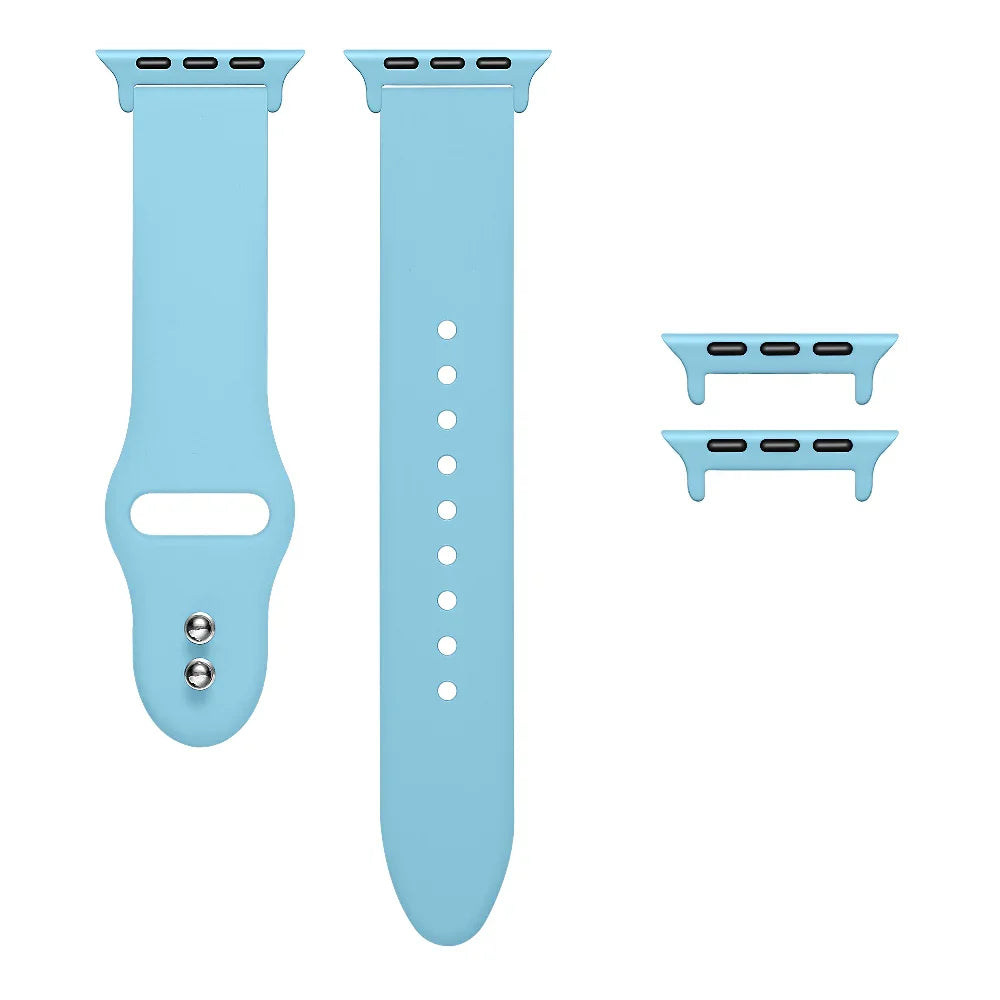 Retro Blue silicone Apple Watch® band unclasped, flat-lay view showing pin-and-tuck closure and size adapters