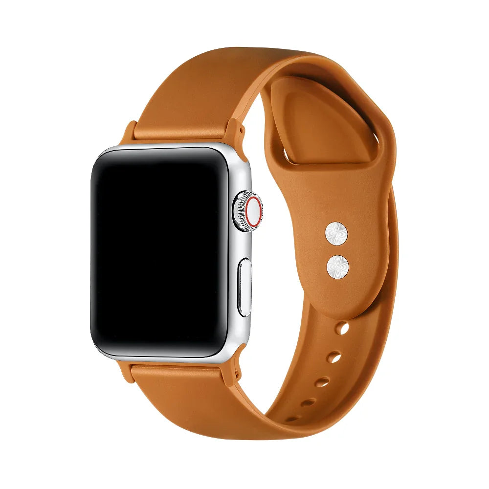 Rustic Caramel silicone Apple Watch® band fastened on the watch case, front view