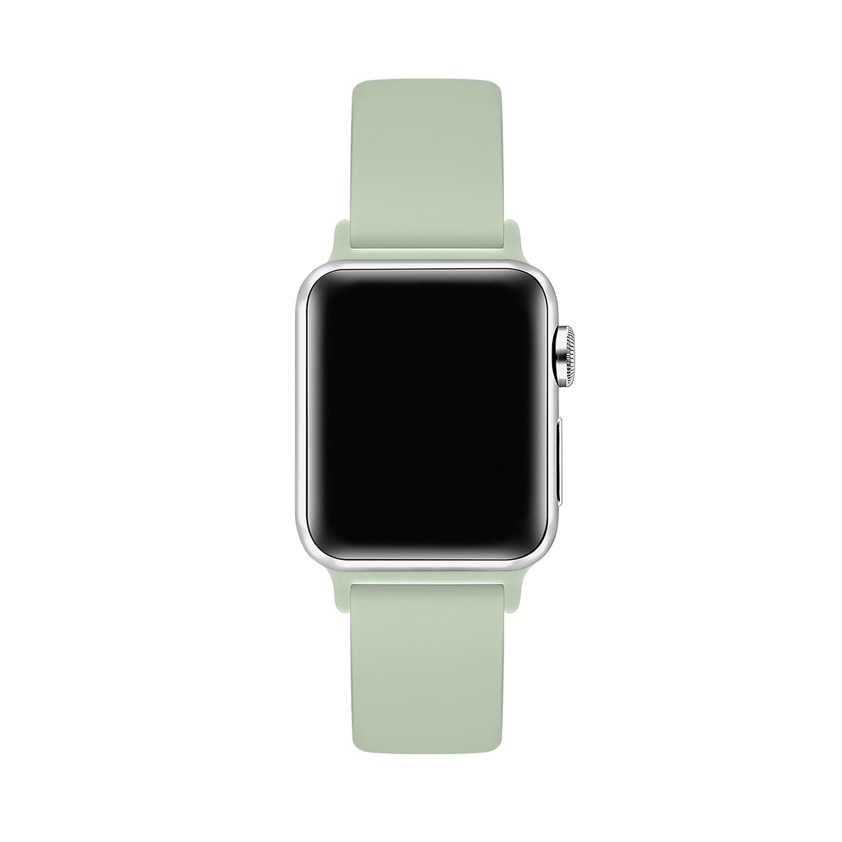 Sage green silicone Apple Watch® band fastened on the watch case, angled side view showing pin-and-tuck closure