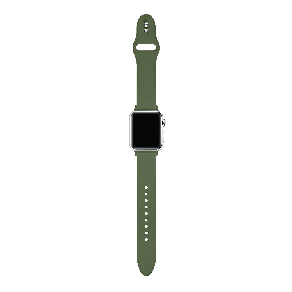 Olive green silicone Apple Watch® band close-up, detail view of molded texture and pin closure holes