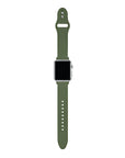 Olive green silicone Apple Watch® band close-up, detail view of molded texture and pin closure holes