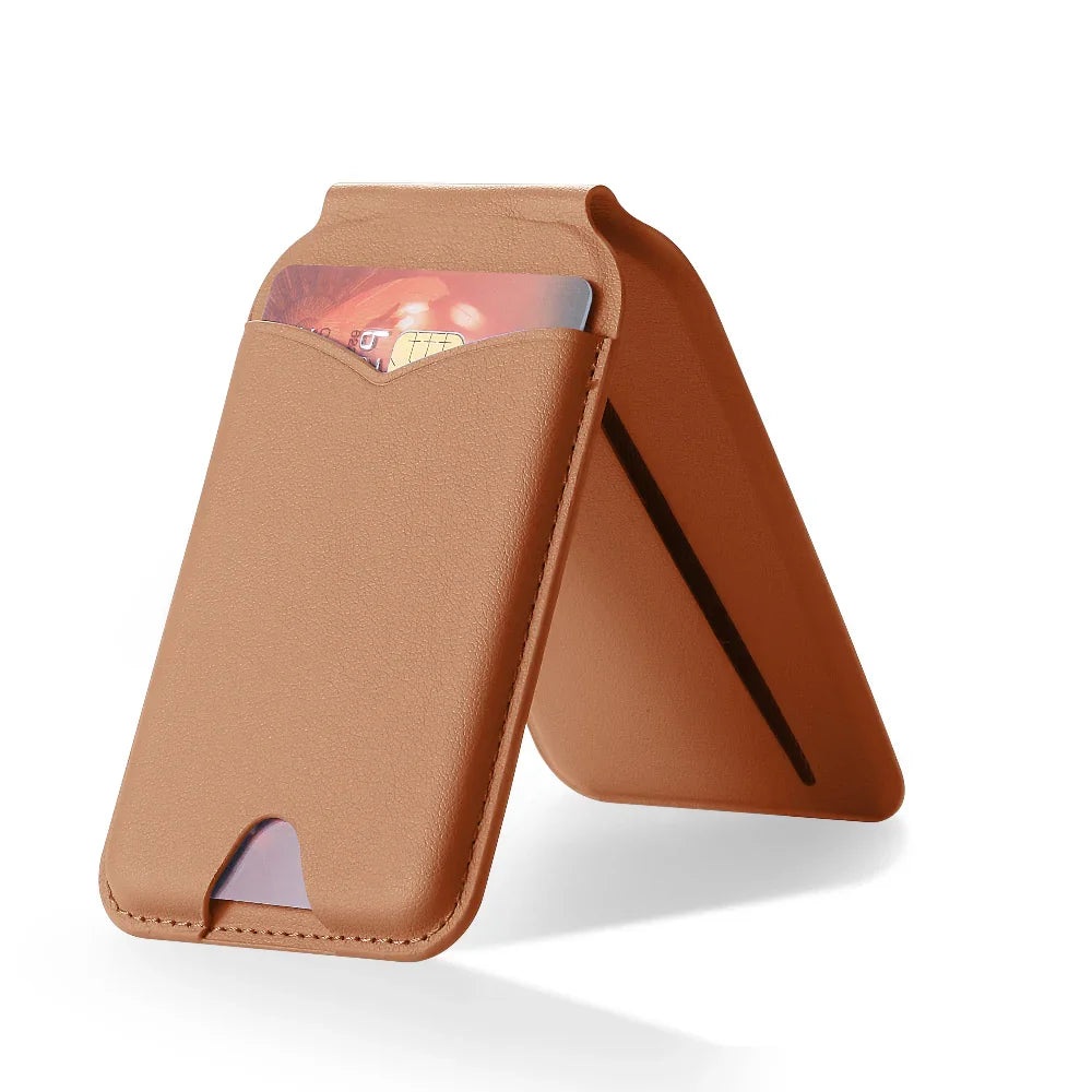 Brown MagSafe magnetic wallet open showing card slot detail