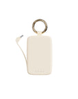 Ivory Keychain Power Bank with built-in charging cable pulled out and gold-tone key ring