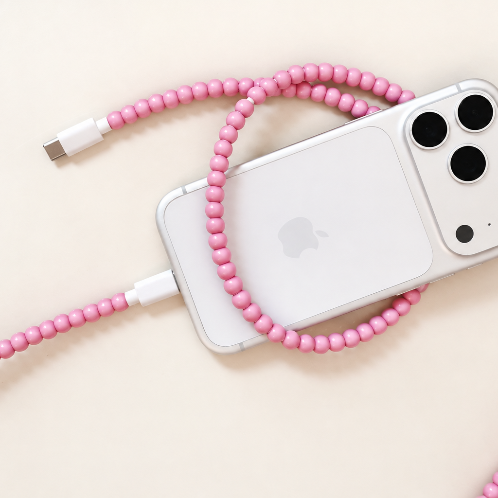 Pink USB-C beaded cable connected to an iPhone on cream background